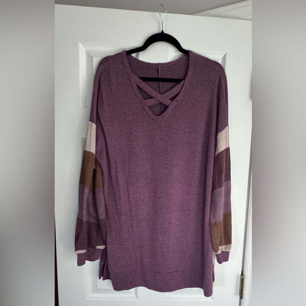 Purple V-Neck Sweater with Colorblock Sleeves
